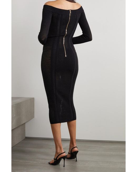 Balmain Black Off-The-Shoulder Ribbed-Knit Midi Dress