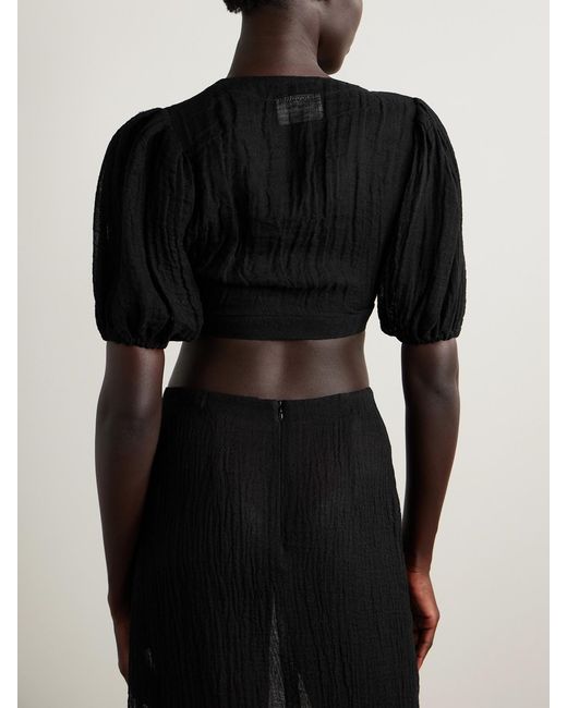 Lisa Marie Fernandez Black Cropped Tie-Front Linen-Blend Gauze Top