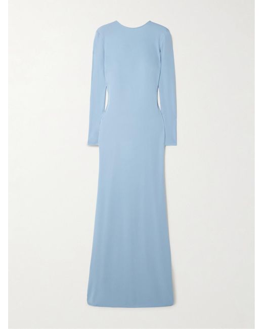 The New Arrivals Ilkyaz Ozel Blue Roisin Open-Back Draped Stretch-Jersey Gown