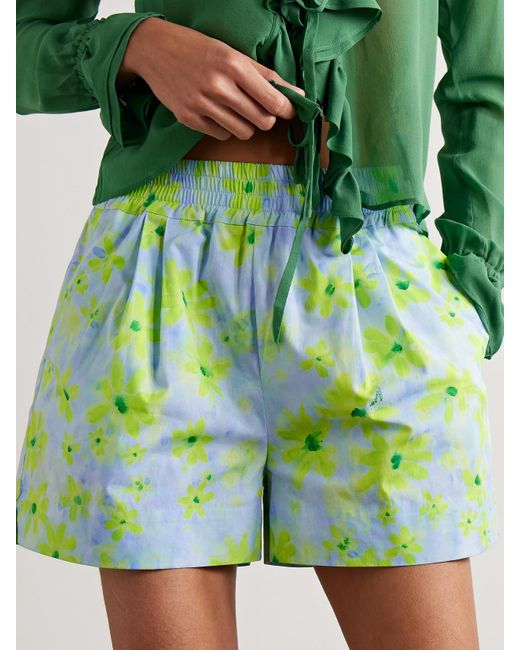 Marni Green Pleated Floral-Print Cotton-Poplin Shorts