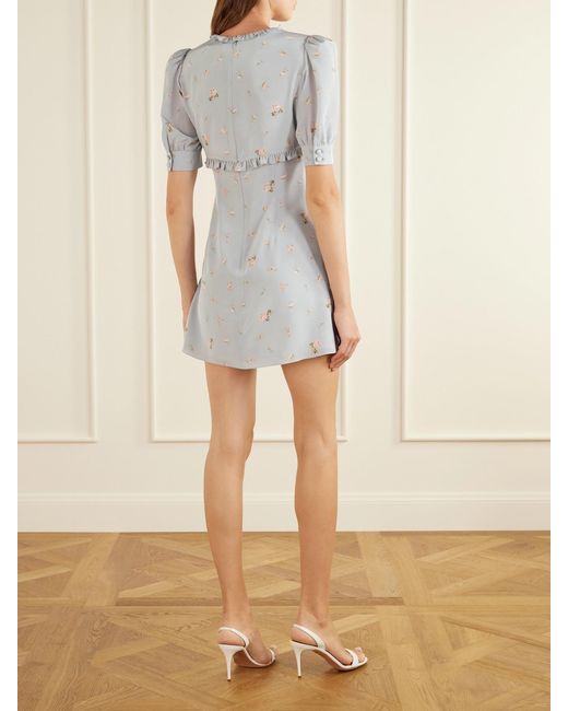 Alessandra Rich White Floral-Print Ruffle-Trim Silk-Crepe Mini Dress