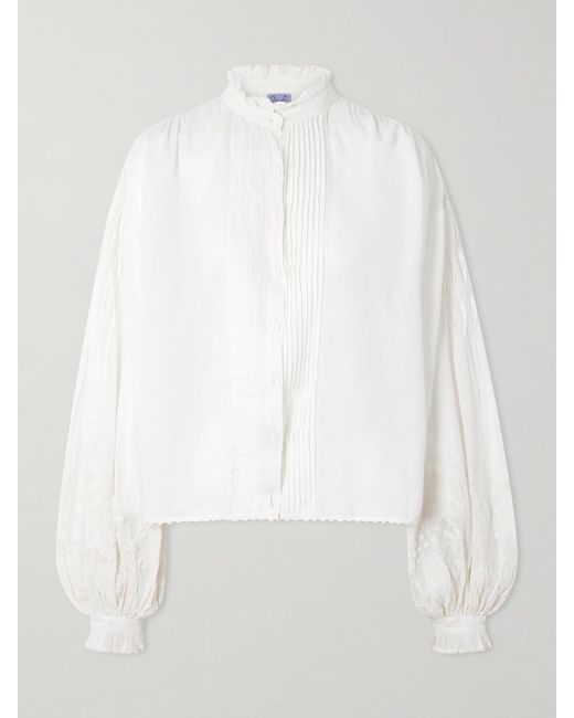 Thierry Colson White Slava Ruched Pleated Embroidered Cotton-Voile Shirt