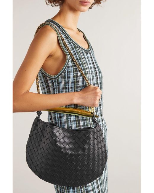Bottega Veneta Black Sardine Small Intrecciato Leather Shoulder Bag With Chain