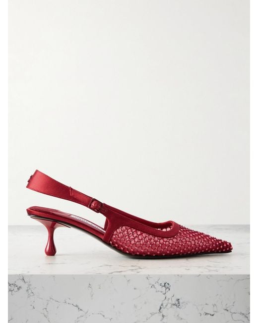 Jimmy Choo Red Amel 50 Crystal-Embellished Mesh And Satin Slingback Pumps