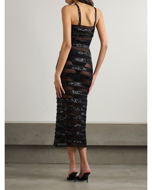 Oseree Black Sequin-Embellished Striped Stretch-Tulle Maxi Dress