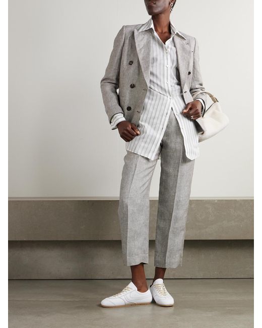 Brunello Cucinelli Gray Cropped Pleated Hemp And Linen-Blend Straight-Leg Pants