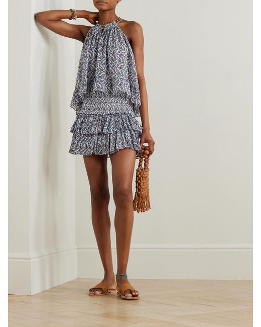 Isabel Marant Blue Fabino Tie-Detailed Ruffled Printed Cotton-Voile Blouse