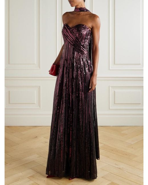 Elie Saab Purple Strapless Scarf-Detailed Sequined Tulle Gown