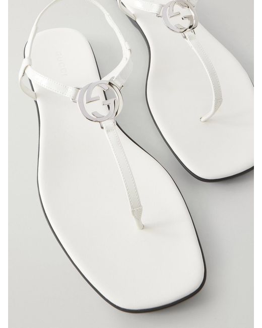 Gucci White Logo-Embellished Leather Thong Sandals