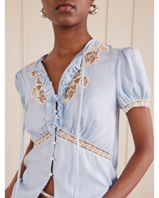 Self-Portrait Blue Ruffled Lace-Trimmed Satin Blouse