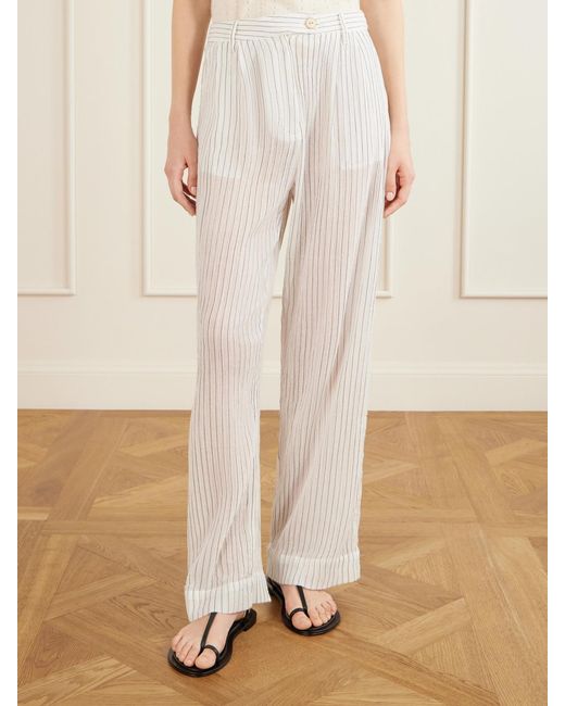 Alix Of Bohemia White Diana Sea Salt Pleated Pinstriped Cotton-Gauze Wide-Leg Pants