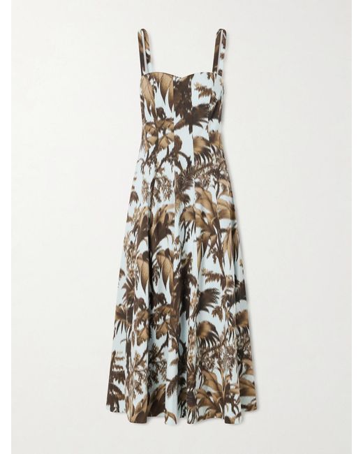 Oscar de la Renta White Paneled Printed Cotton-Blend Poplin Midi Dress