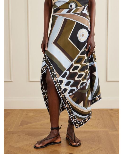 Emilio Pucci White Asymmetric Printed Silk-Twill Maxi Skirt