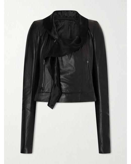 Rick Owens Black Satin Twill-Trimmed Leather Jacket