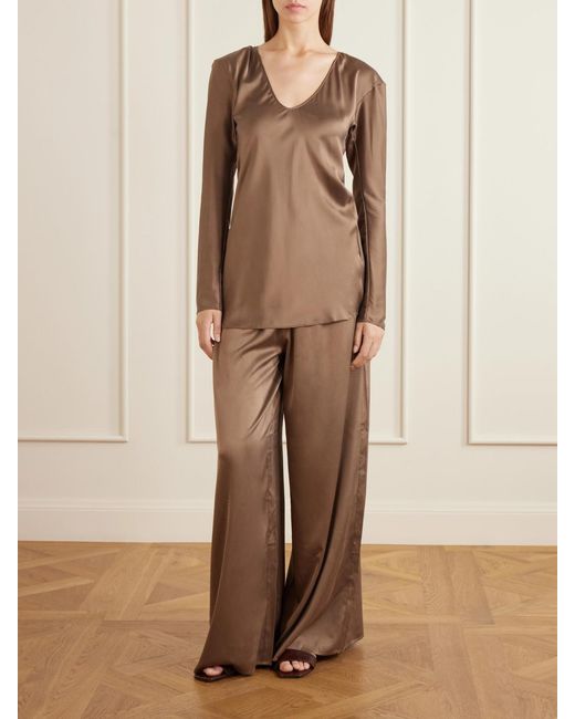 Ruohan Brown Silk-Blend Wide-Leg Pants