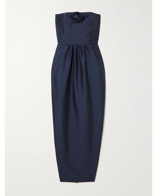 BERNADETTE Blue Lena Strapless Appliquéd Taffeta Maxi Dress