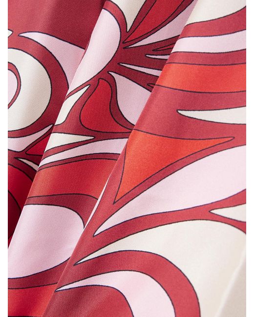 LaDoubleJ Red Swing Feather-Trimmed Printed Silk-Twill Maxi Dress