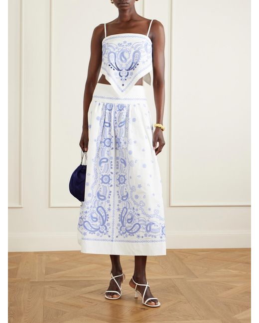 Self-Portrait Blue Tiered Embroidered Cotton-Poplin Midi Skirt