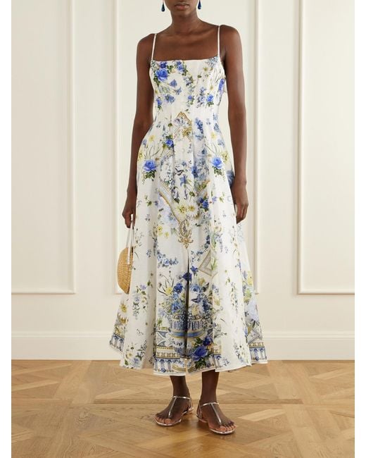 Camilla White Embellished Floral-Print Linen And Silk-Blend Midi Dress