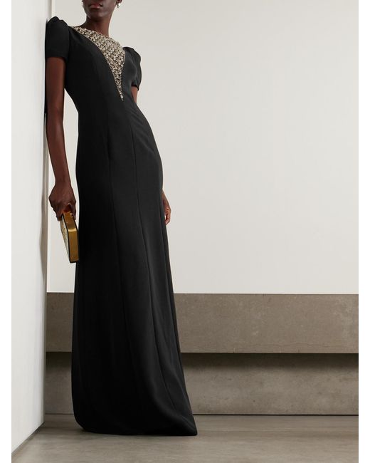 Jenny Packham Black Empress Embellished Tulle-Paneled Crepe Gown