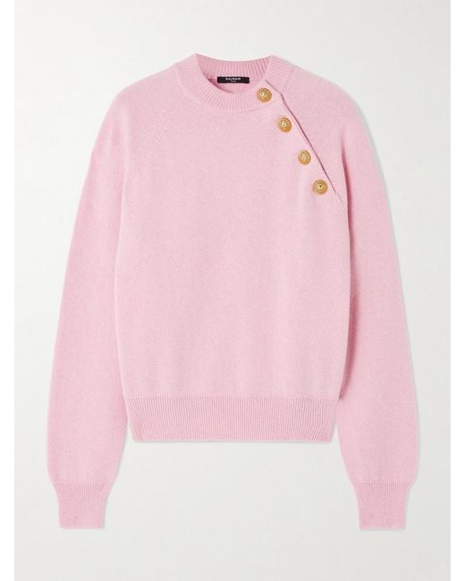 Balmain Pink Button-Embellished Cashmere And Wool-Blend Sweater