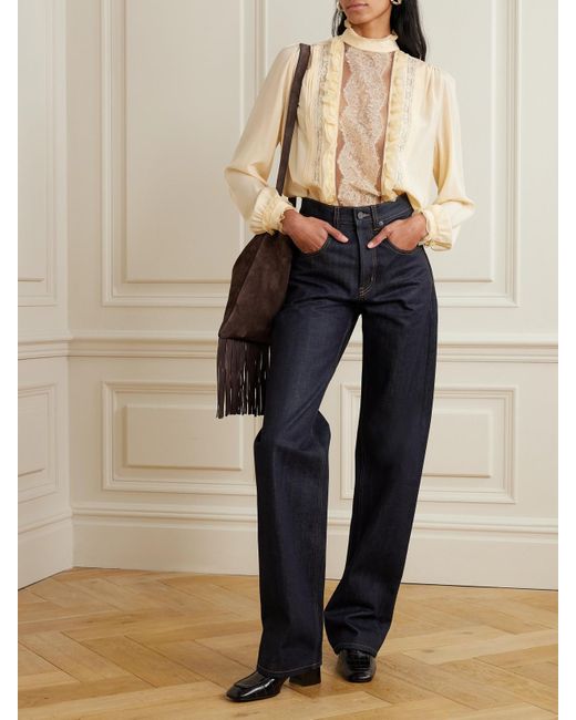 Valentino Garavani Natural Bluse Aus Crêpe De Chine Aus Seide Mit Spitzeneinsätzen, Rüschen Und Biesen