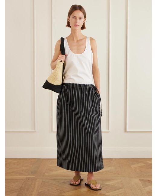 Totême Black Striped Cotton-Poplin Midi Skirt