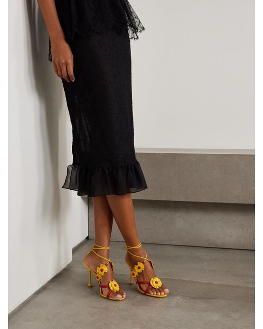 Manolo Blahnik Metallic Palissot 105 Leather-Trimmed Appliquéd Grosgrain And Satin Sandals