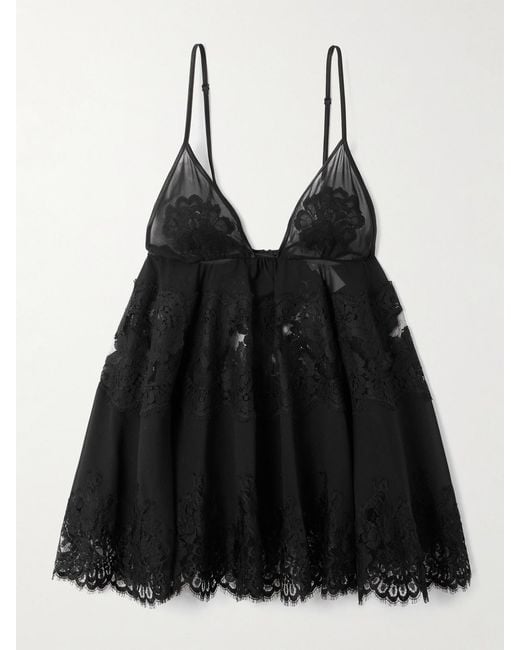 Dolce & Gabbana Black Scalloped Lace-Trimmed Chiffon Camisole