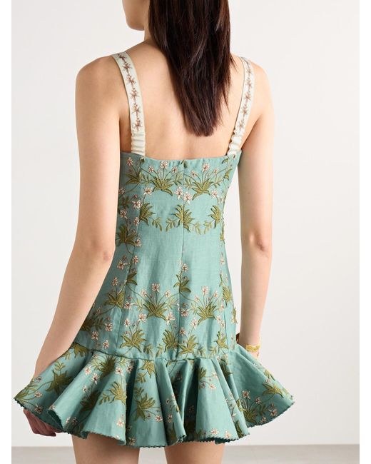 Agua Bendita Green Tumbao Orquidea Ruffled Appliquéd Embroidered Linen Mini Dress