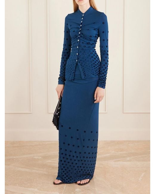 Rabanne Blue Gathered Flocked Jersey Blouse