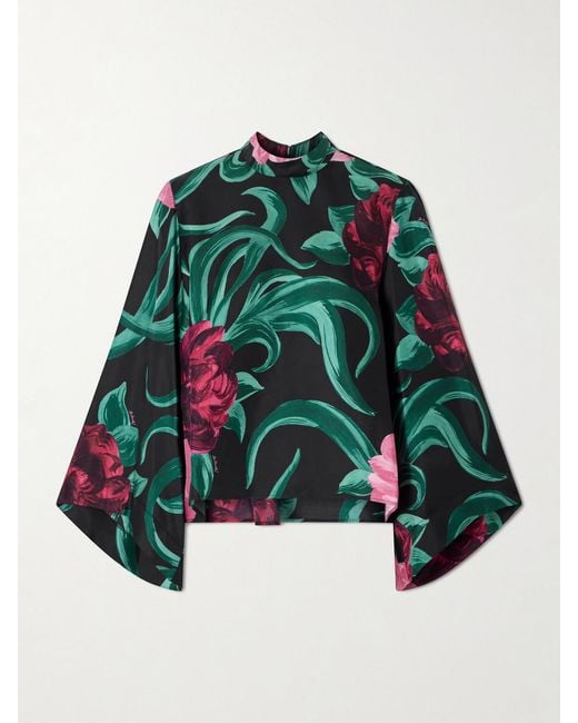LaDoubleJ Green Make An Exit Floral-Print Silk-Twill Blouse