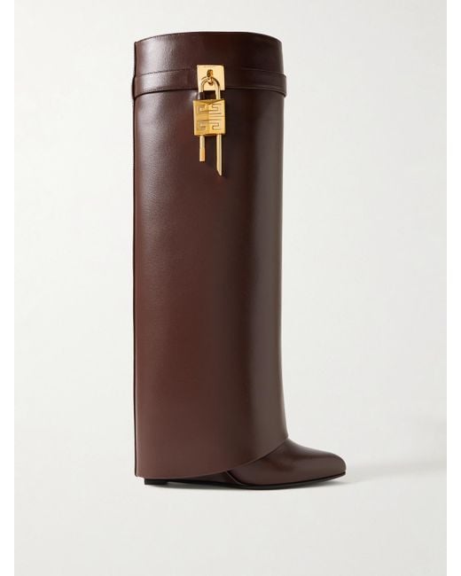 Givenchy Brown Shark Lock Embellished Glossed-Leather Knee Boots