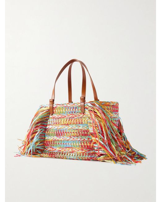 Aquazzura Multicolor Trancoso Fringed Embellished Leather-Trimmed Woven Raffia Tote