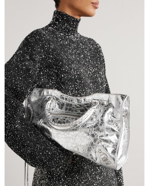 Balenciaga Gray Le City Mittelgroße Tote Aus Strukturiertem Metallic-Leder