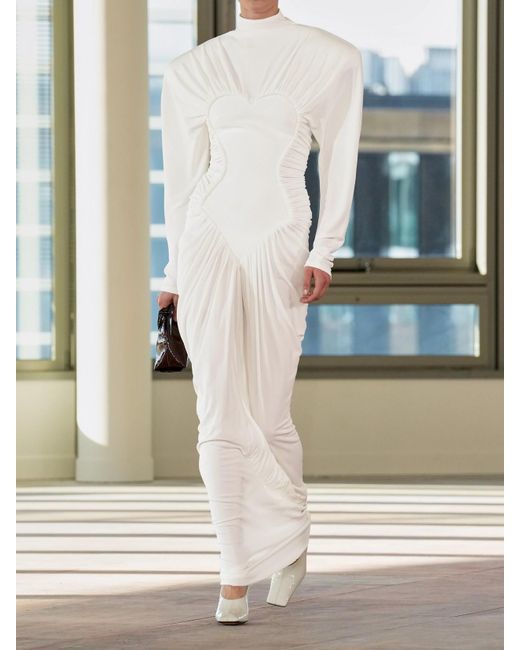 Stella McCartney White Mesh-Paneled Ruched Crepe Gown