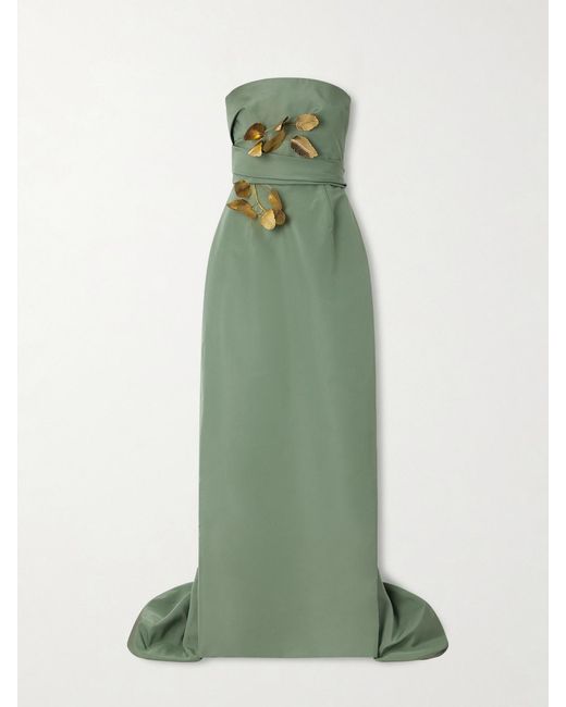 Oscar de la Renta Green Strapless Draped Embellished Silk-Faille Gown