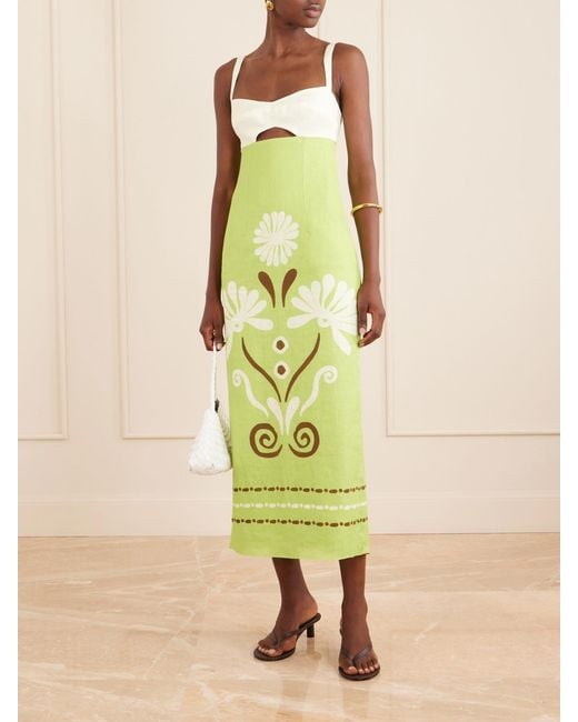 Cala De La Cruz Green Nara Cutout Printed Linen Midi Dress