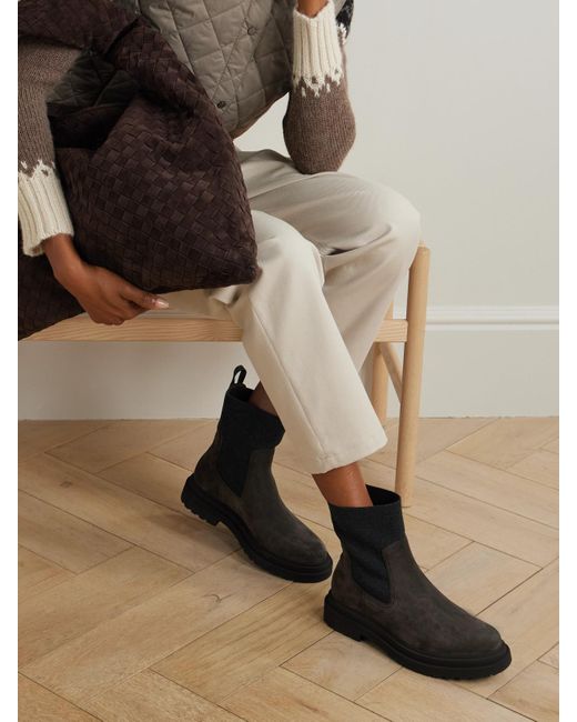 Brunello Cucinelli Black Bead-Embellished Knit-Trimmed Suede Chelsea Boots