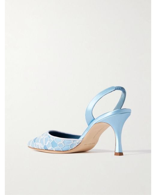 Manolo Blahnik Blue Carolyne 70 Satin And Lace Slingback Pumps