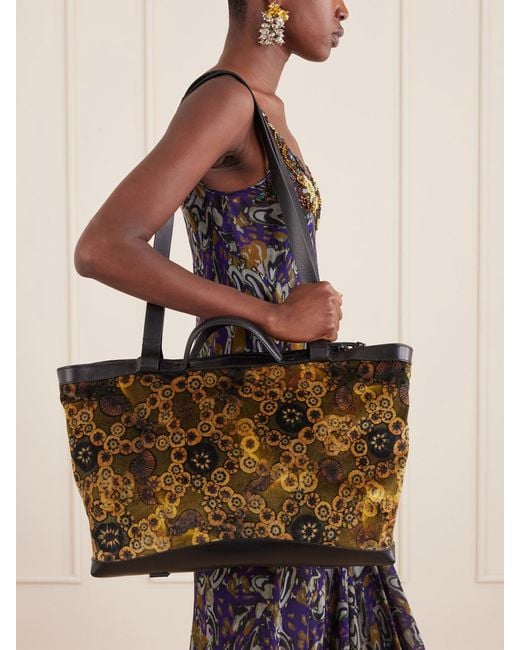 Dries Van Noten Brown Carter Printed Leather-Trimmed Velvet Tote