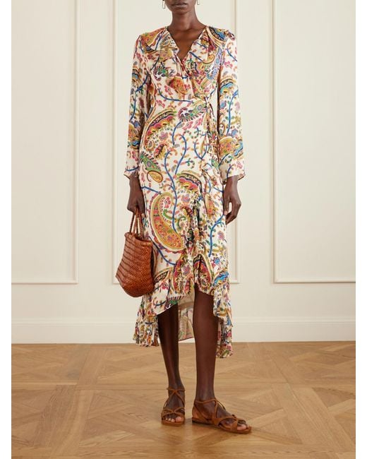 Etro White Asymmetric Ruffled Paisley-Print Silk Wrap Dress