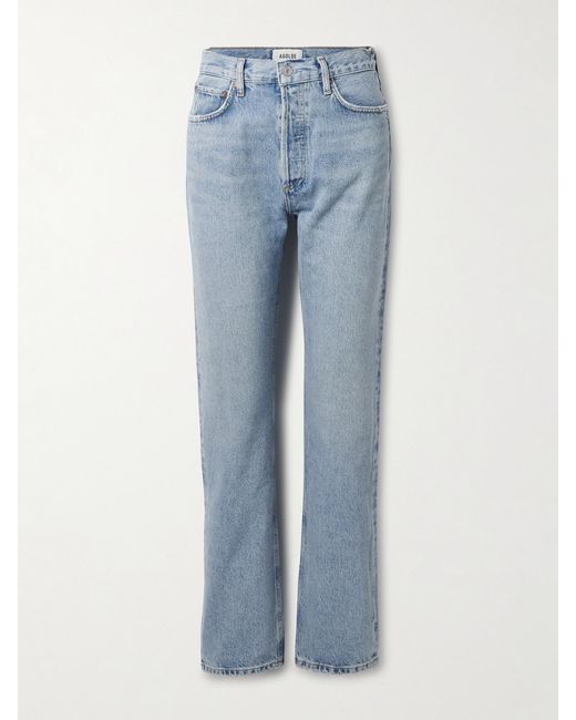Agolde Blue 90's Pinch Waist Long Frayed High-Rise Straight-Leg Jeans