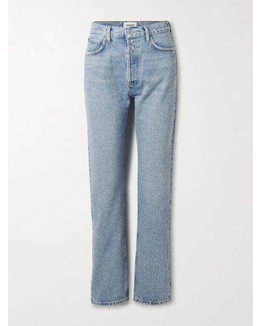 Agolde Blue 90S Pinch Waist Long Hoch Sitzende Jeans Mit Geradem Bein Mit Fransen