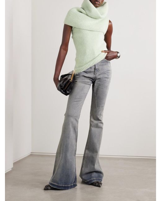 Rick Owens Green Draped Ribbed-Knit Turtleneck Sweater