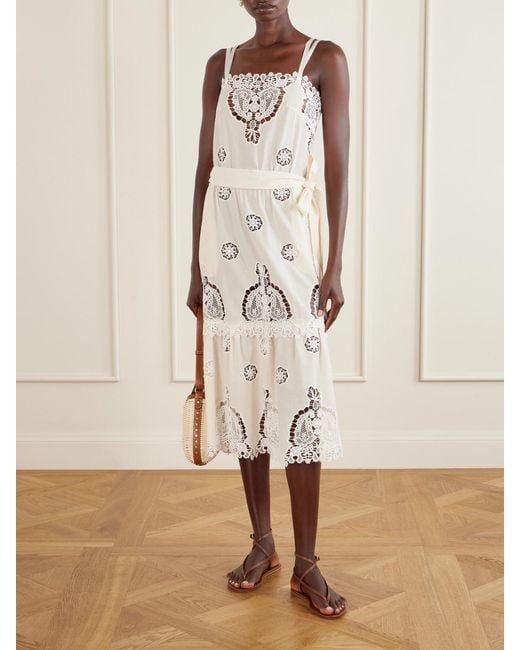 Miguelina White Esme Belted Guipure Lace-Trimmed Cotton-Blend Midi Dress