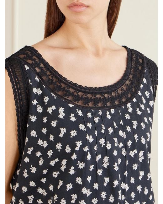 Posse Black Danielle Floral-Print Lace-Trimmed Cotton Mini Dress
