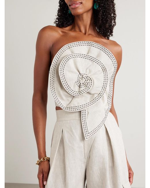 ANDRES OTALORA White Cropped Appliquéd Topstitched Linen Bustier Top