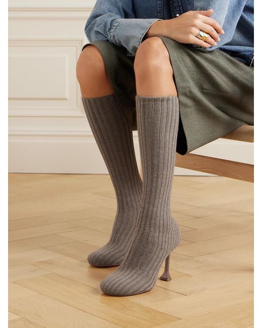 AMINA MUADDI Gray Veneda Ribbed Stretch-Knit Sock Boots