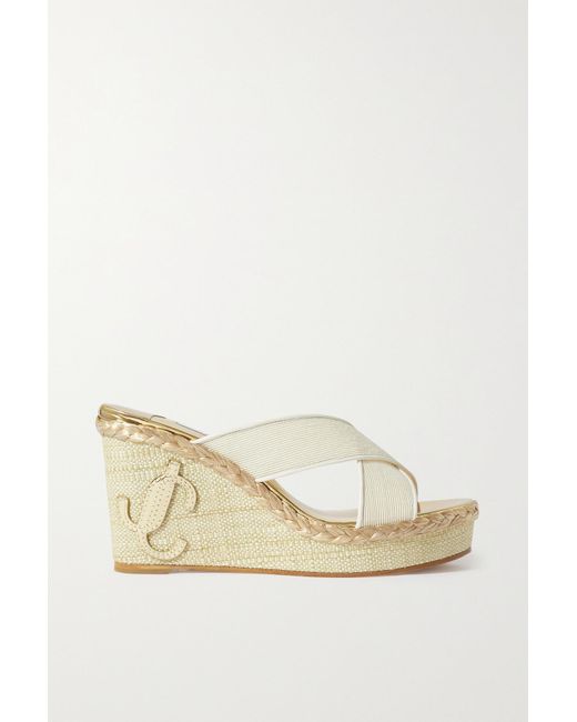 Jimmy Choo Dovina 100 Leathertrimmed Canvas Espadrille Wedge Mules in